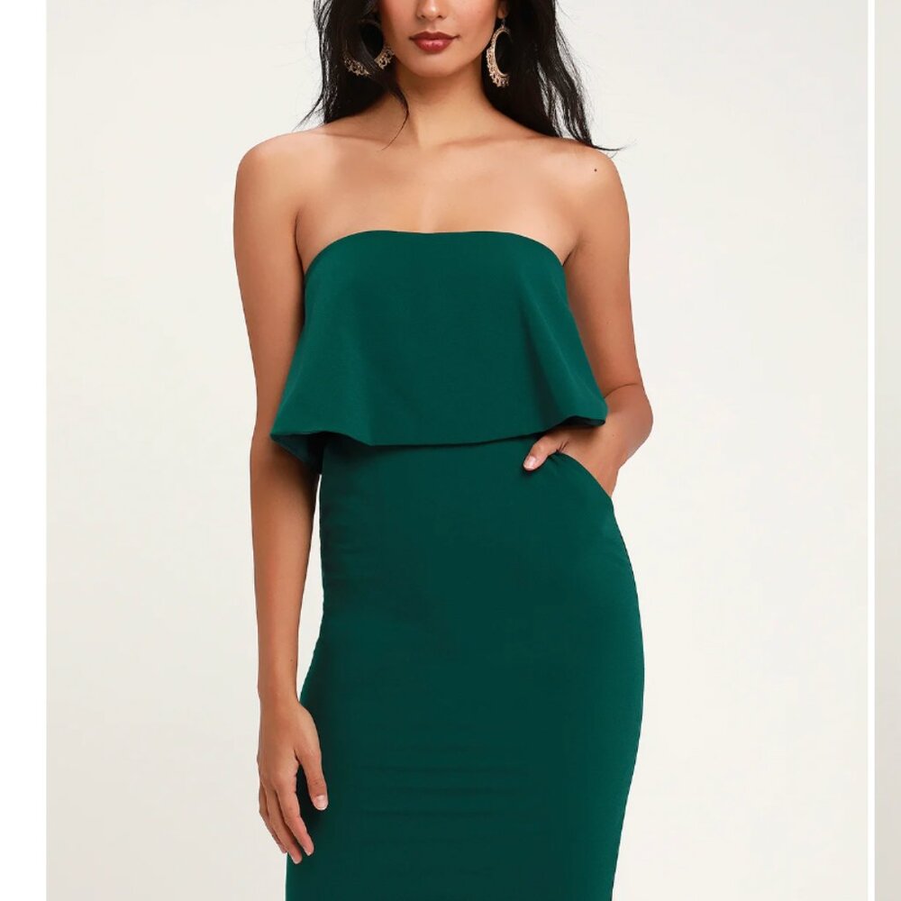 Lulus Lots of Love Emerald Green Strapless Midi Dress (NWT)